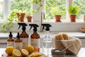 Eco-friendly cleaning supplies displayed in a bright kitchen, highlighting natural ingredients and sustainable practices