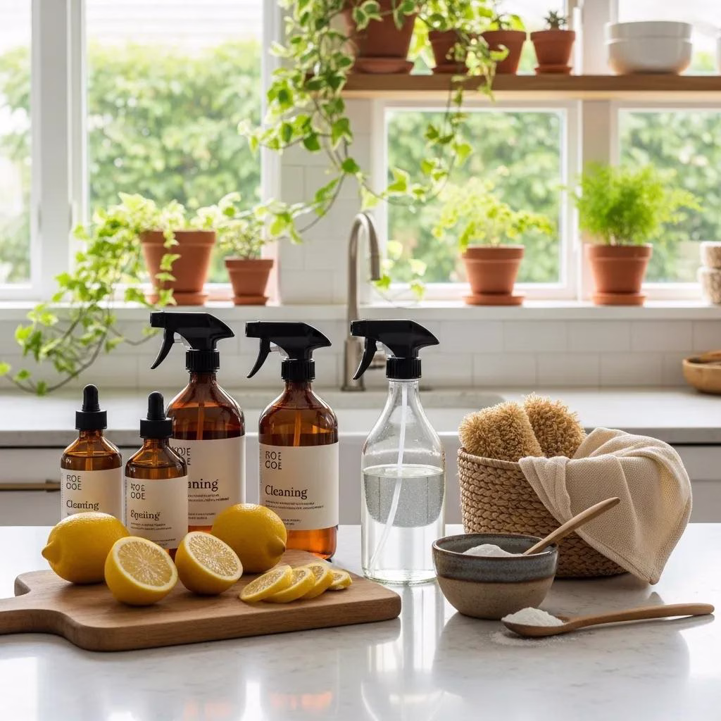 Eco-friendly cleaning supplies displayed in a bright kitchen, highlighting natural ingredients and sustainable practices