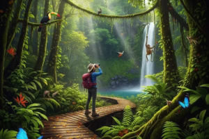 Ecotourism scene with a traveler in a lush rainforest, highlighting sustainable travel and nature conservation