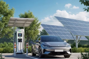 Electric vehicle charging at a solar-powered station in a green environment