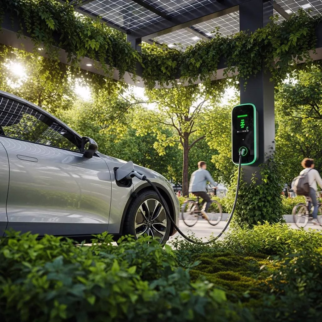 Electric vehicle charging at a station surrounded by greenery, symbolizing the impact of electric mobility