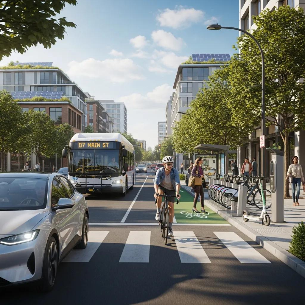 Electric vehicles, bicycles, and public transit bus representing practical applications of sustainable transportation technologies