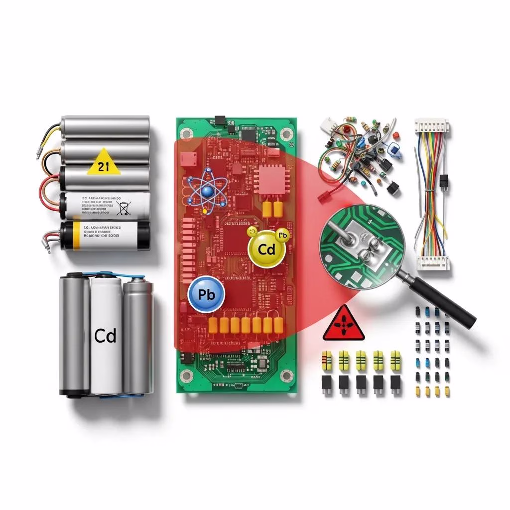 Electronic components highlighting heavy metals like lead and cadmium, emphasizing e-waste hazards
