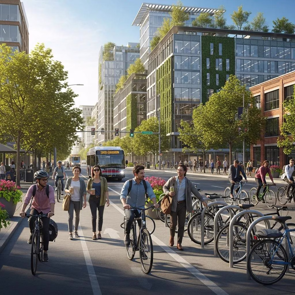 Employees biking and walking to work in a sustainable urban setting