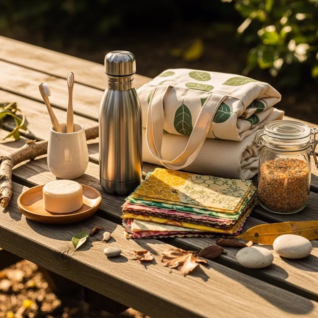 Reusable water bottle, beeswax wraps, cloth shopping bags, bamboo toothbrushes, and natural soap on wooden table, promoting zero waste lifestyle and sustainable living practices.