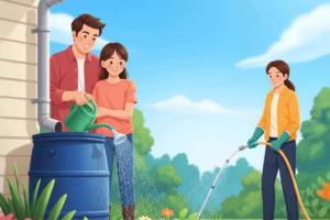 Family engaging in water conservation activities in a sunny backyard