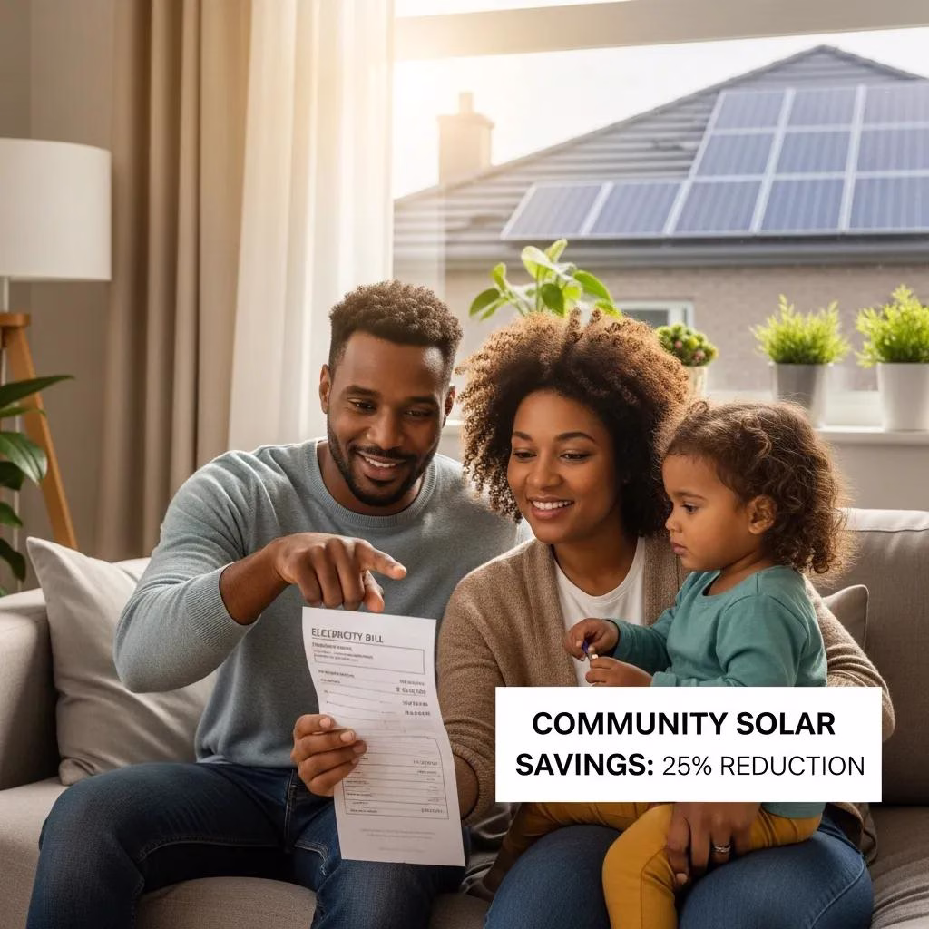 Family enjoying cost savings from community solar program with solar panels visible