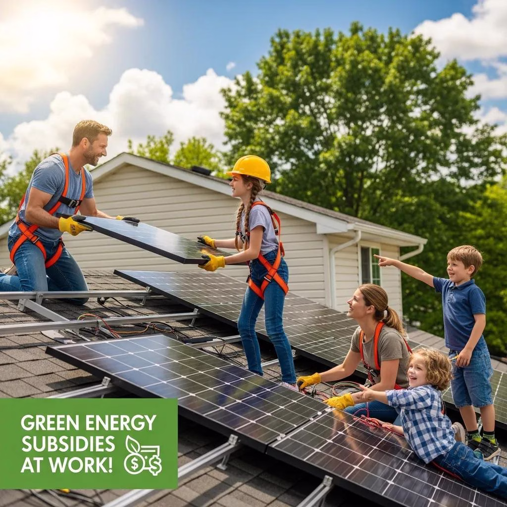 Family installing solar panels on their home roof, illustrating the benefits of green energy subsidies