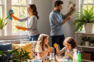 Family using natural mold removal techniques in a bright living room