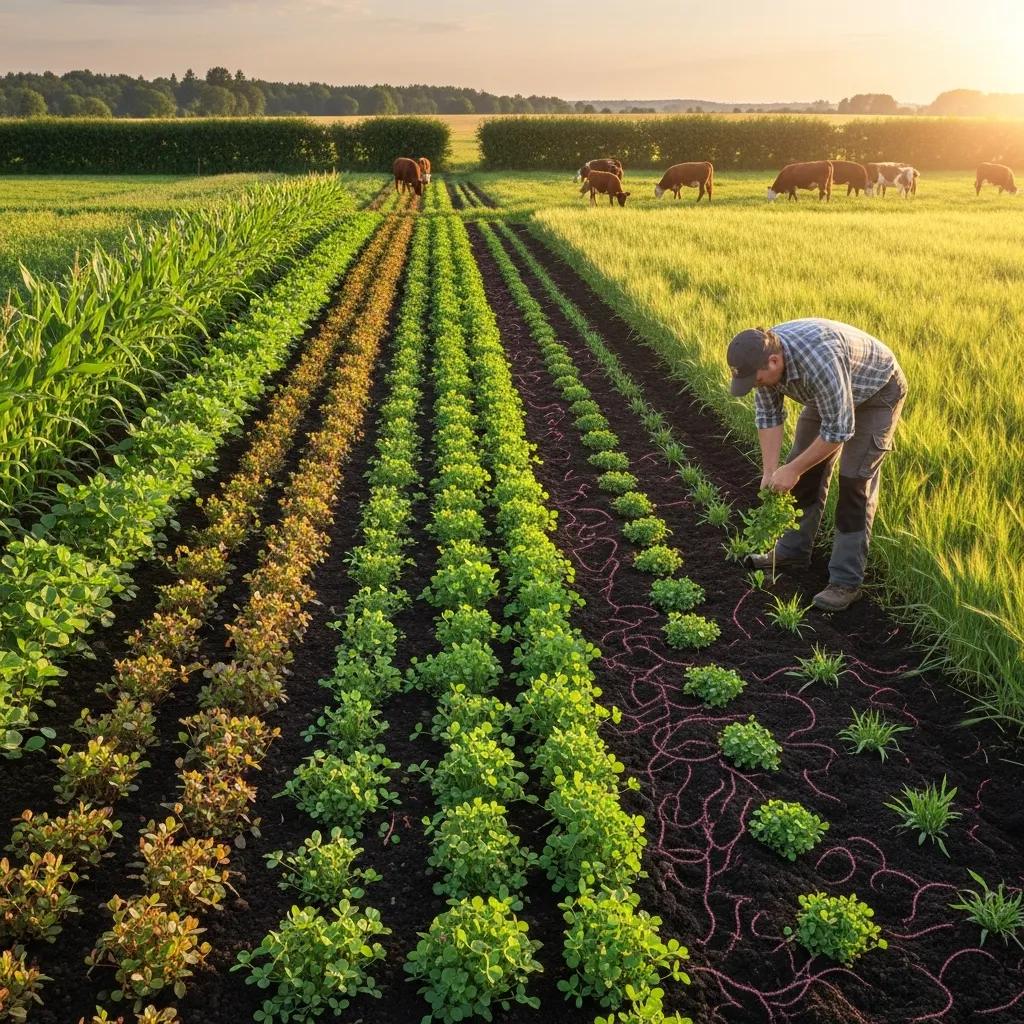 Farmer planting cover crops in a field, illustrating regenerative farming techniques for soil health