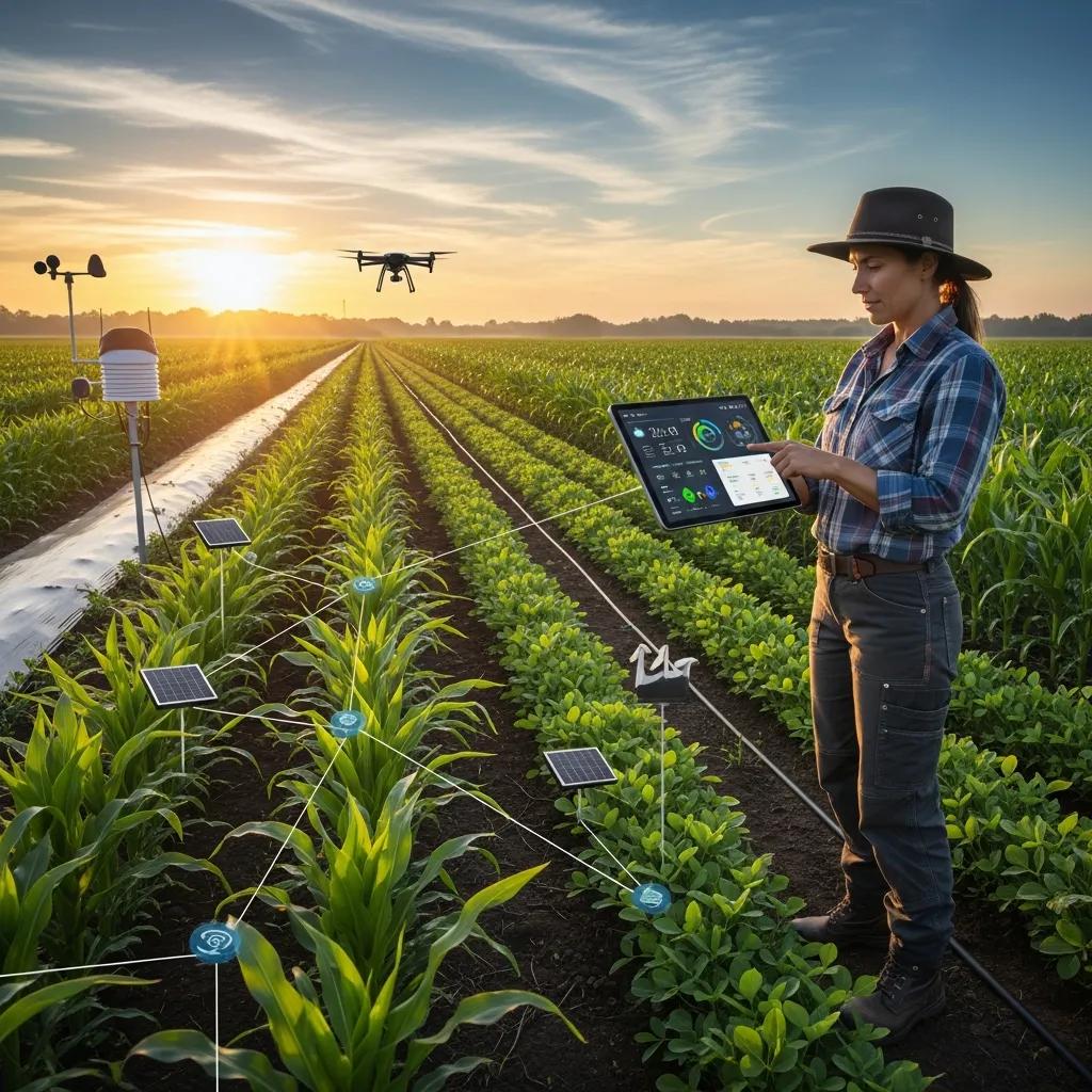 Farmer using smart sensors in a field to monitor crops, representing climate smart agriculture practices