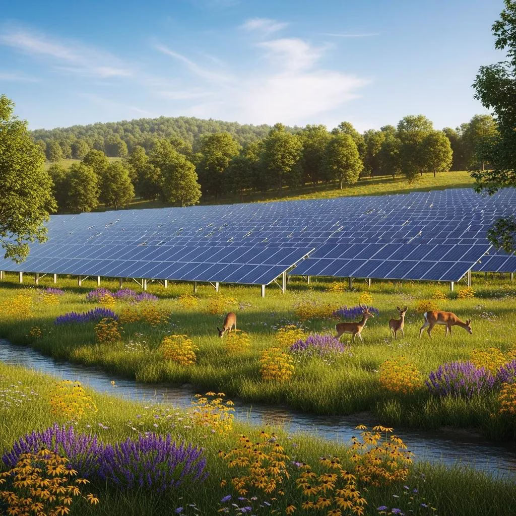 Expansive array of solar panels in a green setting, illustrating renewable energy benefits