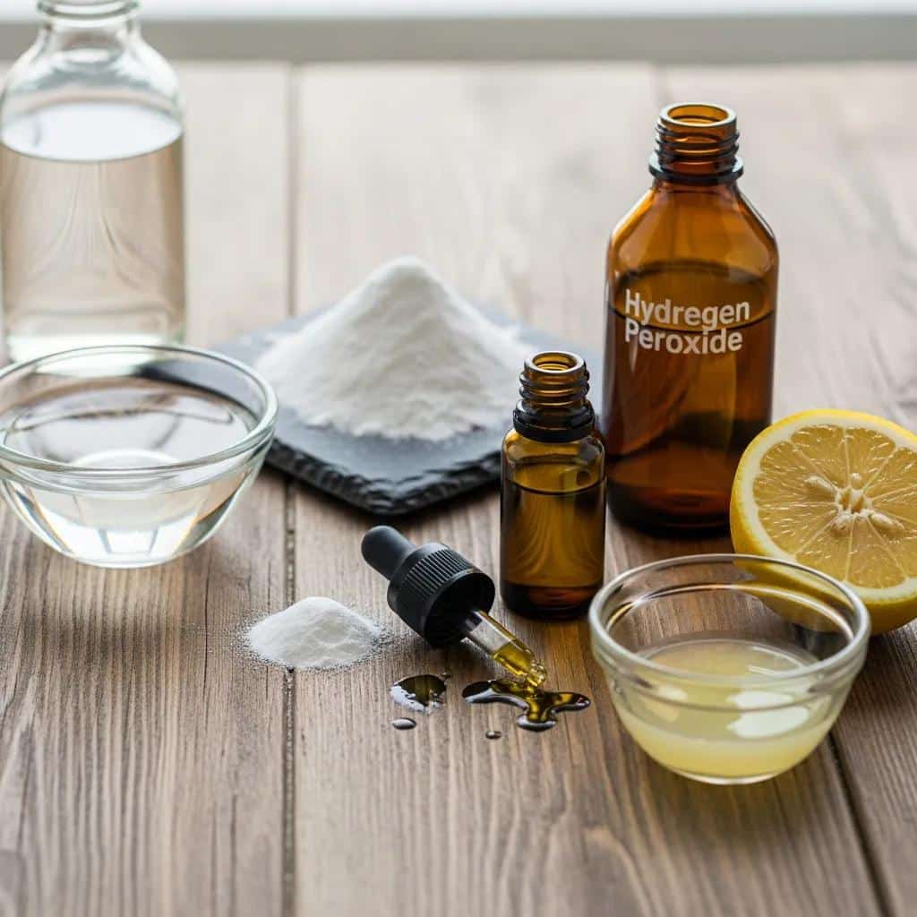 Five natural ingredients for effective mold removal displayed on a wooden table