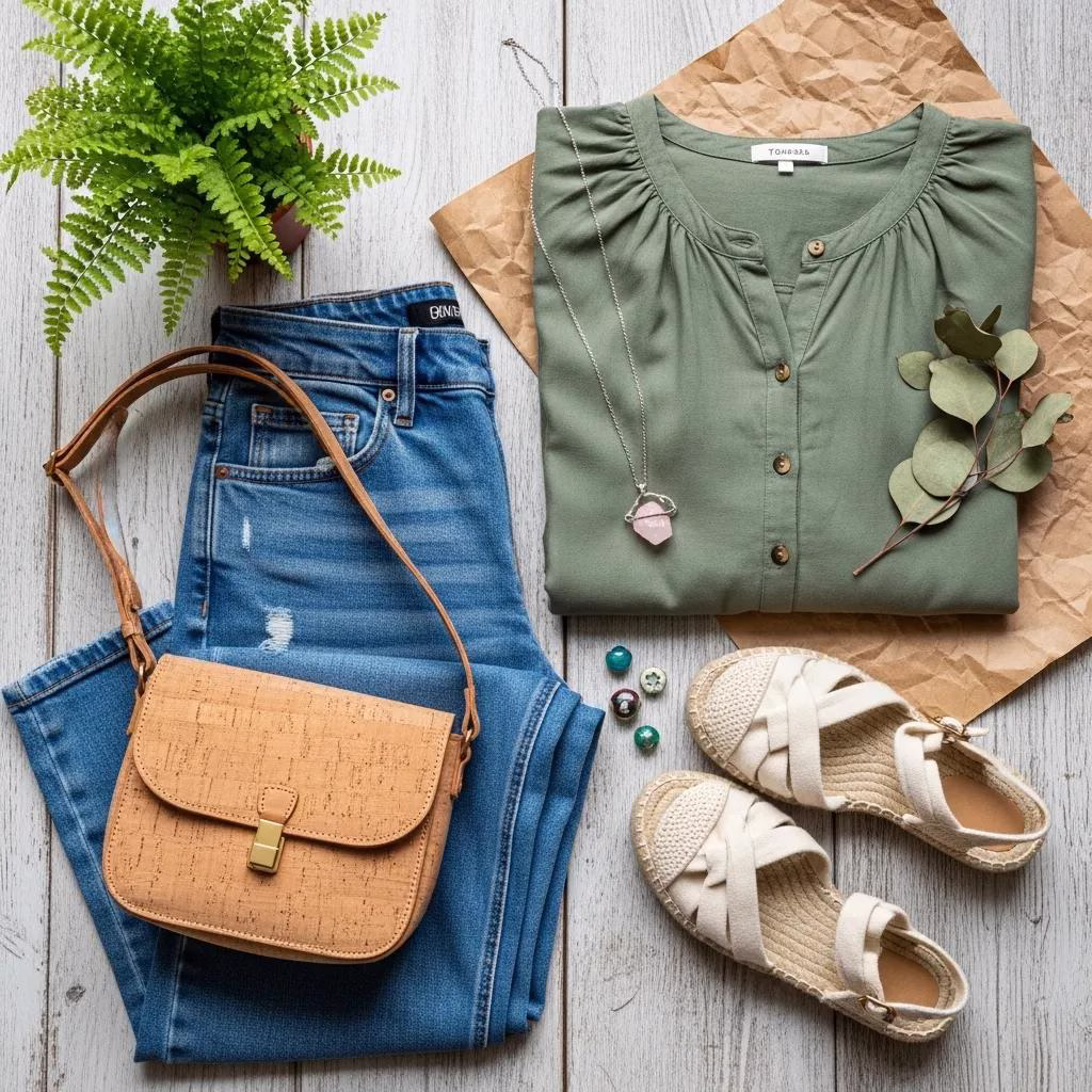 Flat lay of a sustainable fashion outfit with organic cotton jeans and Tencel blouse