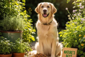 Happy dog with eco-friendly dog food in a green outdoor setting