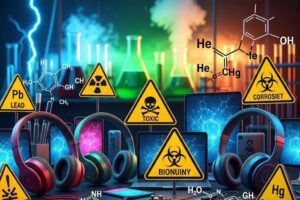 Headphones and electronics surrounded by symbols of toxic chemicals, highlighting health risks