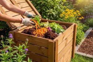 Home composting setup with a traditional compost bin and kitchen scraps in a lush garden
