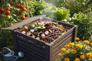 Home composting setup with organic materials in a lush garden