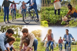 Individuals engaging in eco-friendly activities to combat climate change