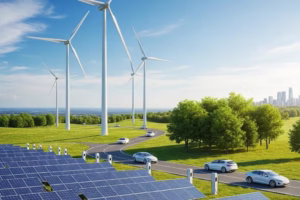 Innovative green technologies including solar panels, wind turbines, and electric vehicles in a sustainable landscape