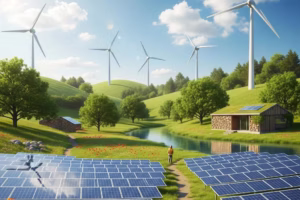 Innovative sustainable technologies including solar panels and wind turbines in a natural landscape