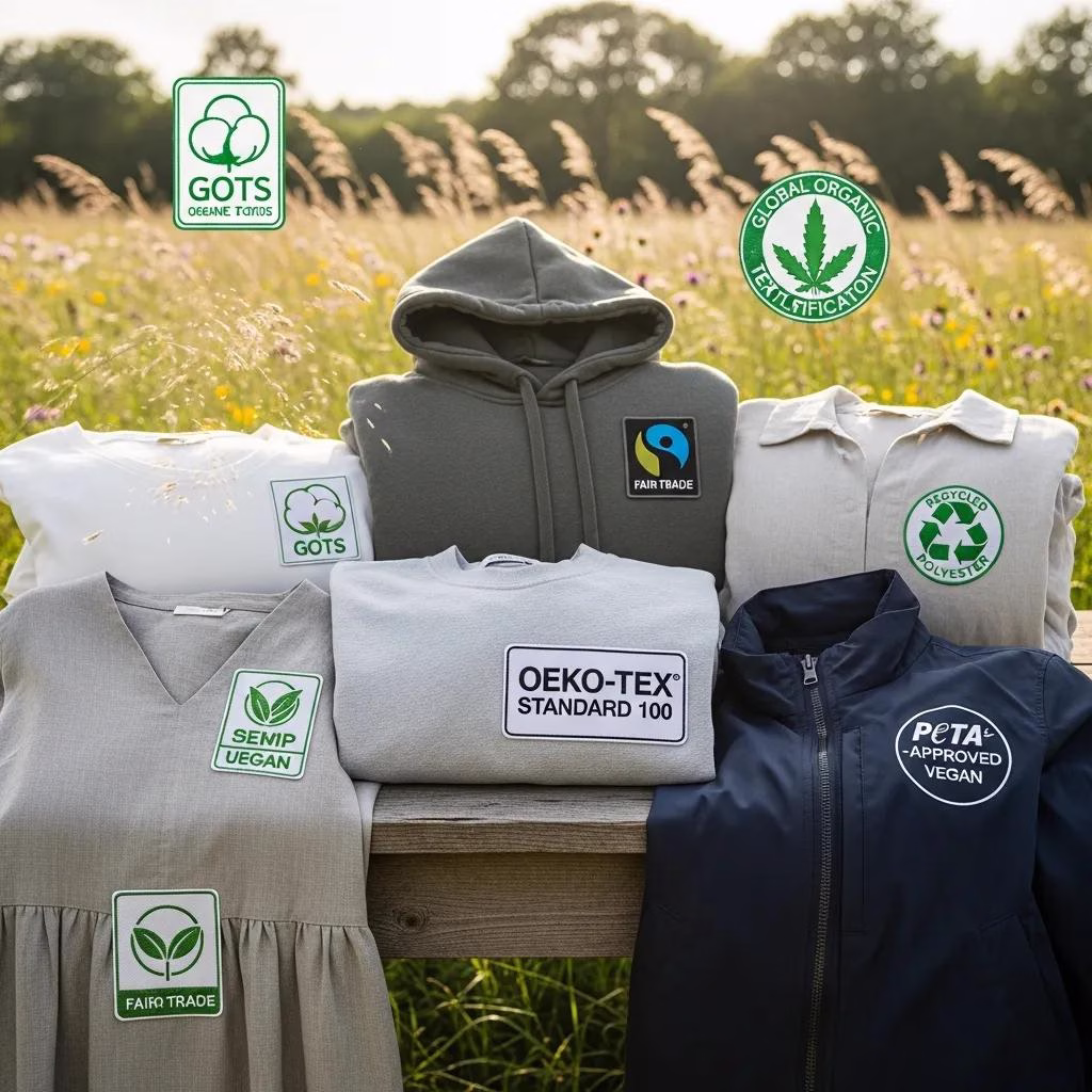 Logos of GOTS and Fair Trade certifications on eco-friendly clothing items