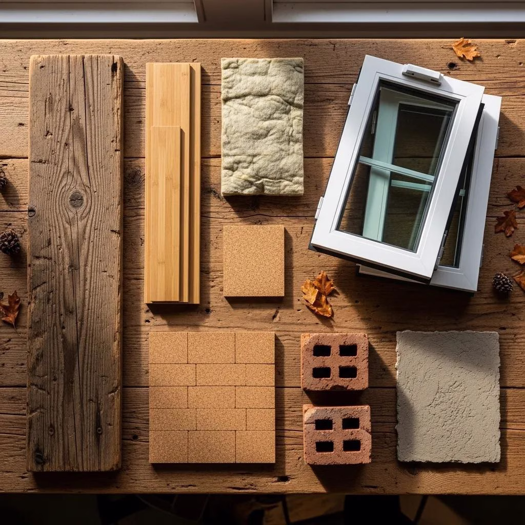 Low-carbon building materials including reclaimed wood and insulation, highlighting sustainable construction options