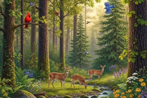 Lush forest ecosystem with diverse wildlife highlighting the importance of habitat conservation