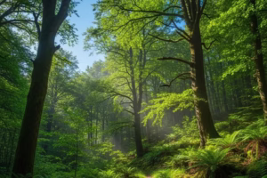 Lush green forest under a clear blue sky representing the connection between climate change and mental health