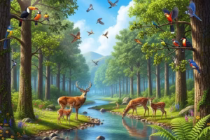 Lush green forest with a flowing river and diverse wildlife, representing the importance of environmental conservation