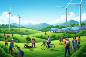 Lush landscape with wind turbines and solar panels, representing renewable energy and sustainability