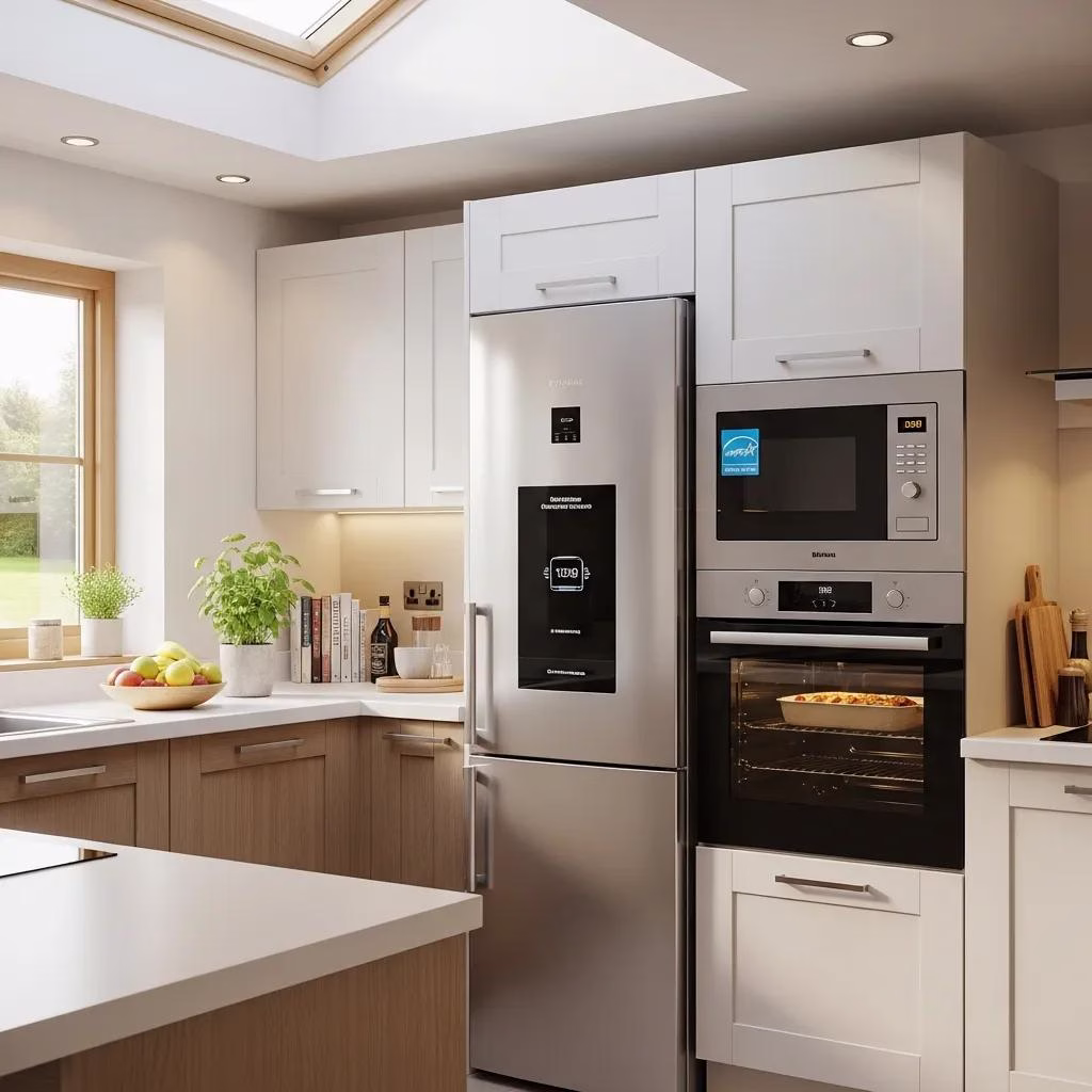 Modern kitchen showcasing energy-efficient appliances like a refrigerator and LED lighting