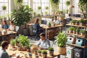 Modern zero waste office with eco-friendly furniture and indoor plants