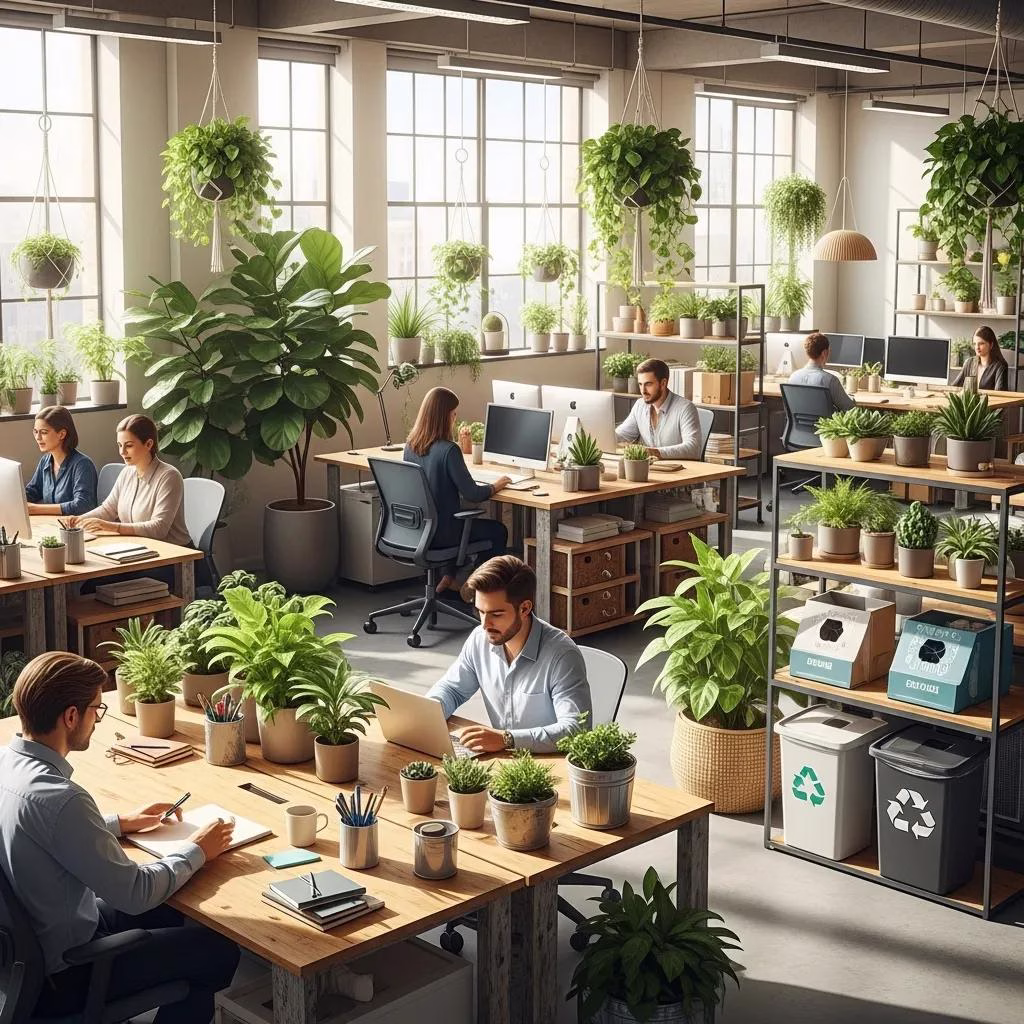 Modern zero waste office with eco-friendly furniture and indoor plants