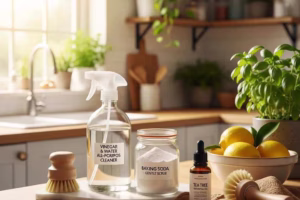 Natural cleaning products for mold removal in a bright kitchen setting