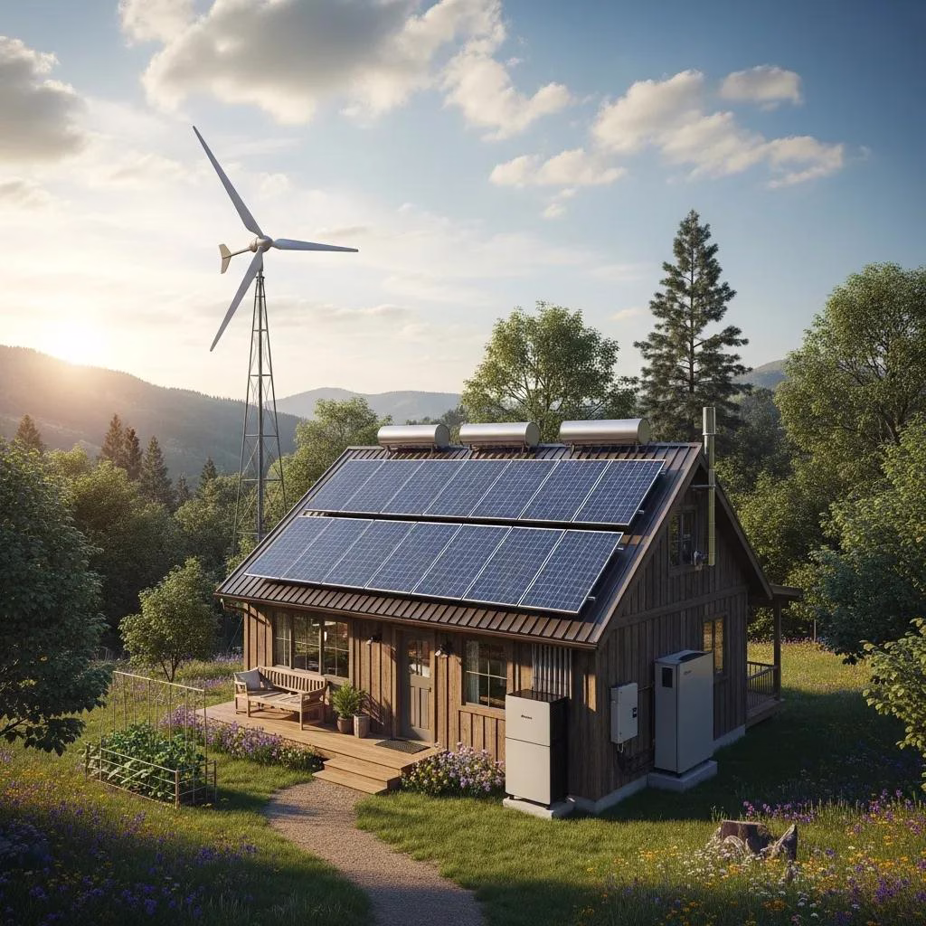 Off-grid living technologies including solar panels and wind turbine, showcasing sustainable energy solutions