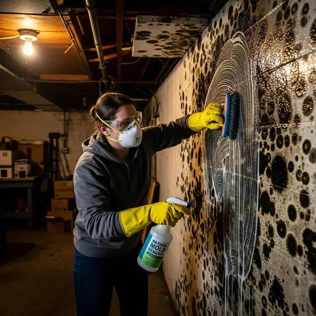 Person in protective gear cleaning mold with natural solutions in a bathroom