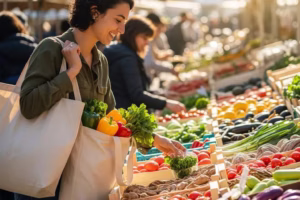 Person shopping with reusable bags in a vibrant market, promoting zero waste lifestyle