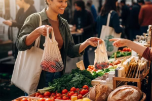 Person using reusable bags at a farmer's market, promoting a zero waste lifestyle