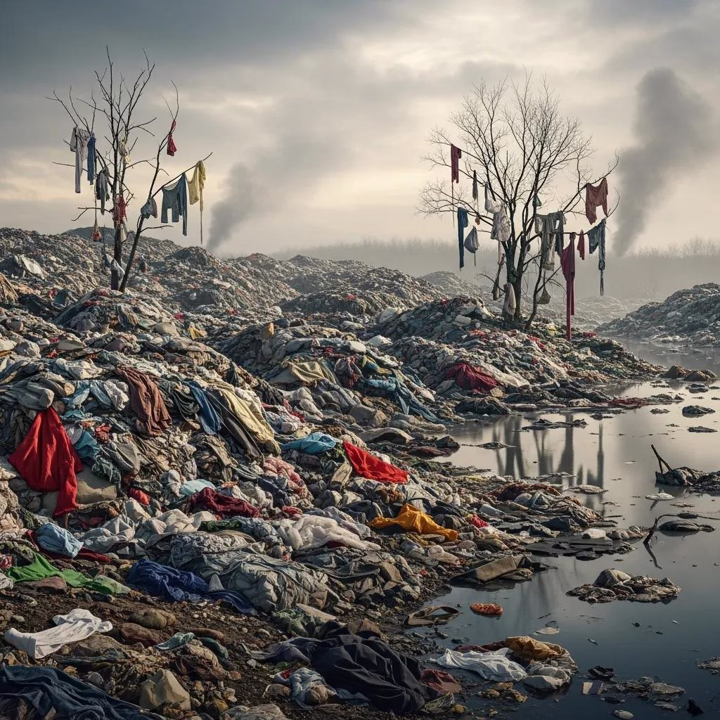 Polluted landscape with discarded clothing illustrating fast fashion's environmental impact