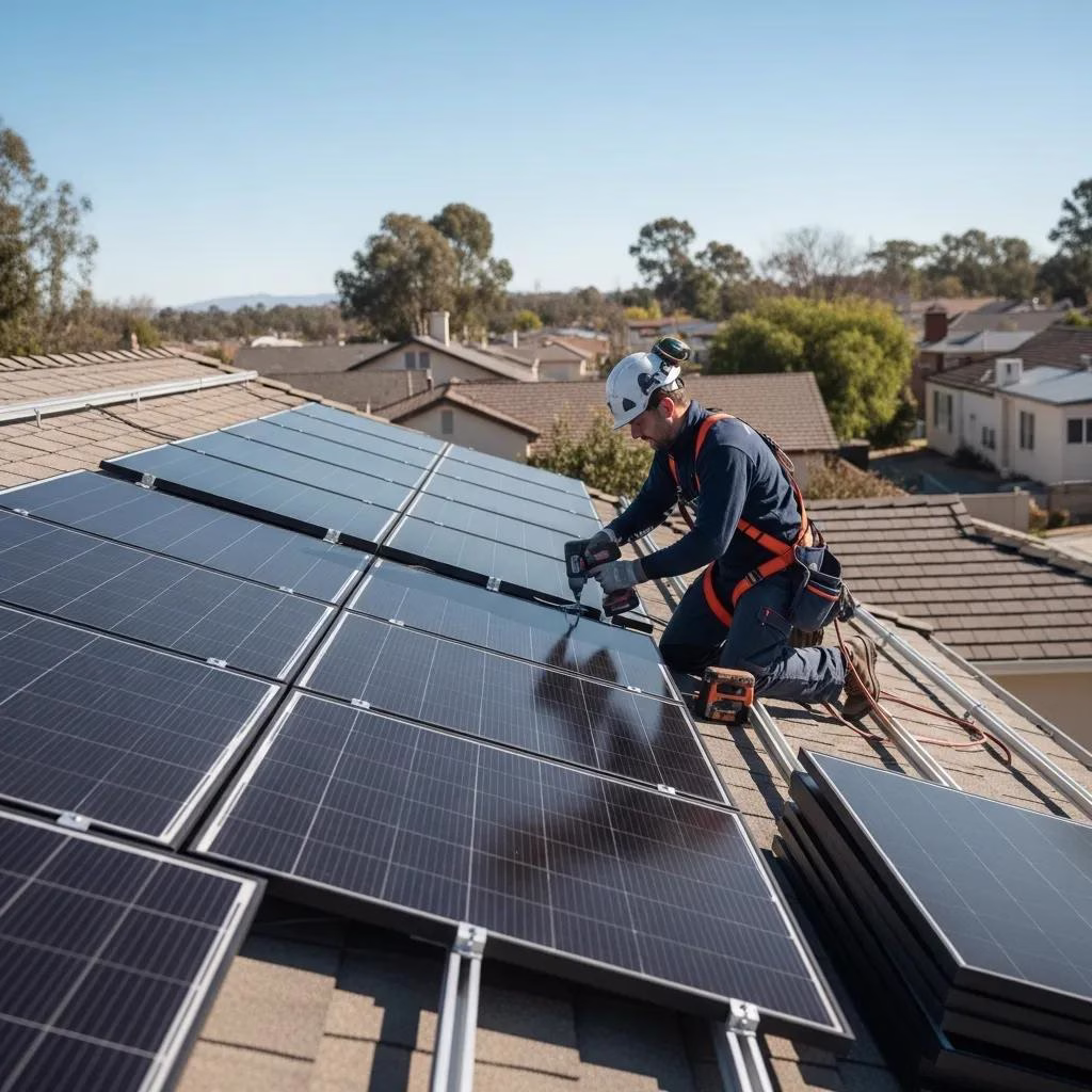 Professional solar installer working on roof installation of solar panels