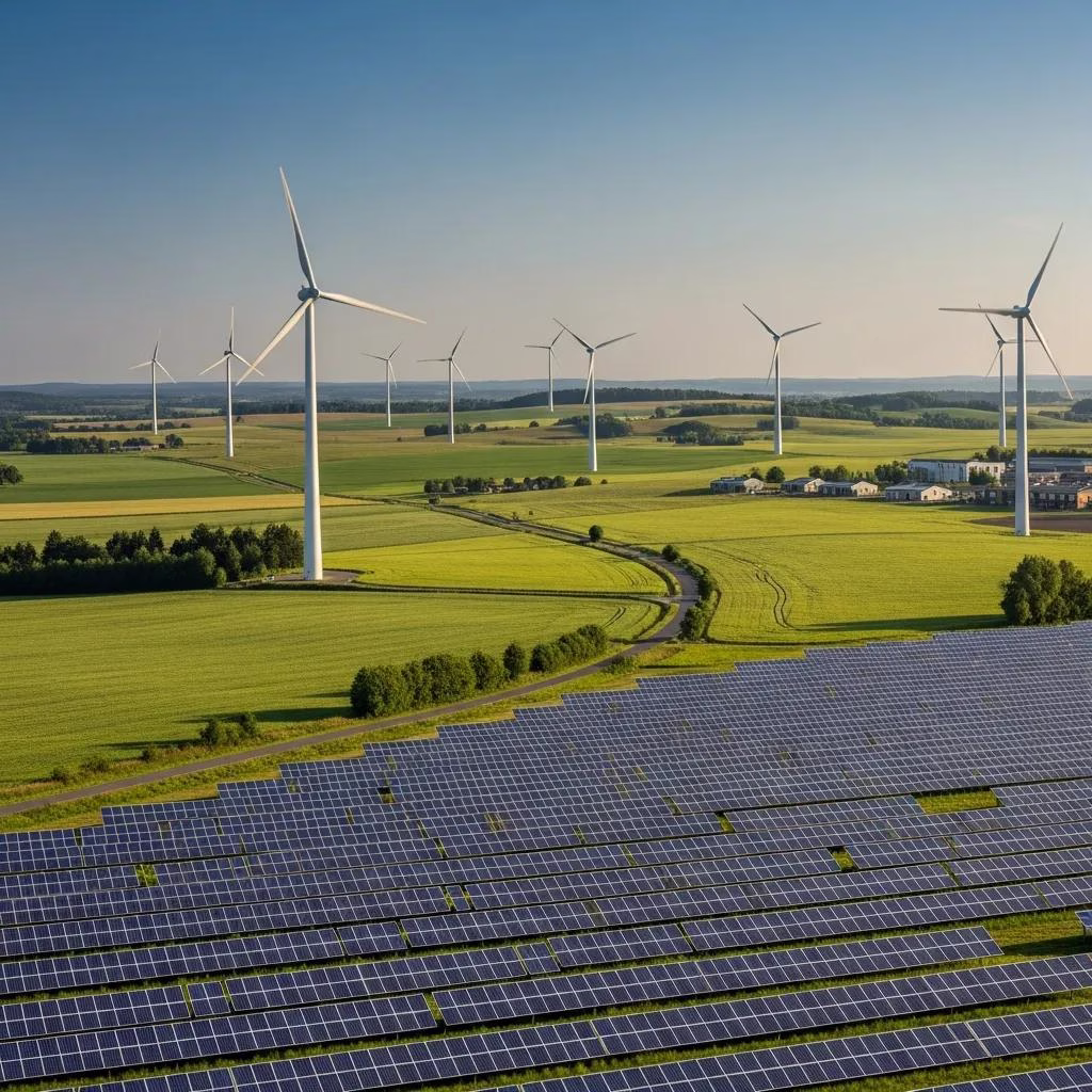 Renewable energy sources like solar panels and wind turbines in a sustainable landscape