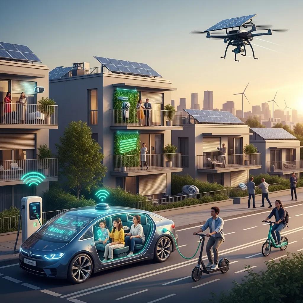 Showcase of green technology innovations like solar panels and electric vehicles in an urban environment