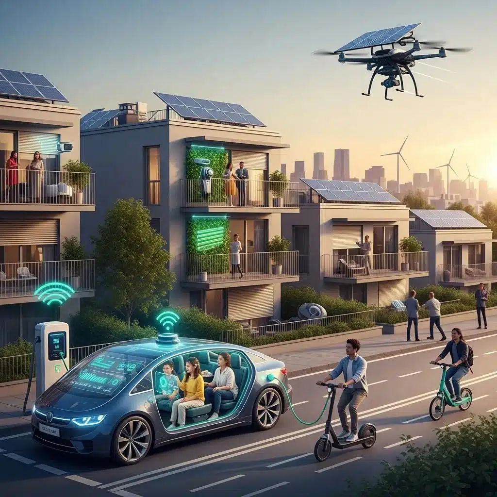 Showcase of green technology innovations like solar panels and electric vehicles in an urban environment