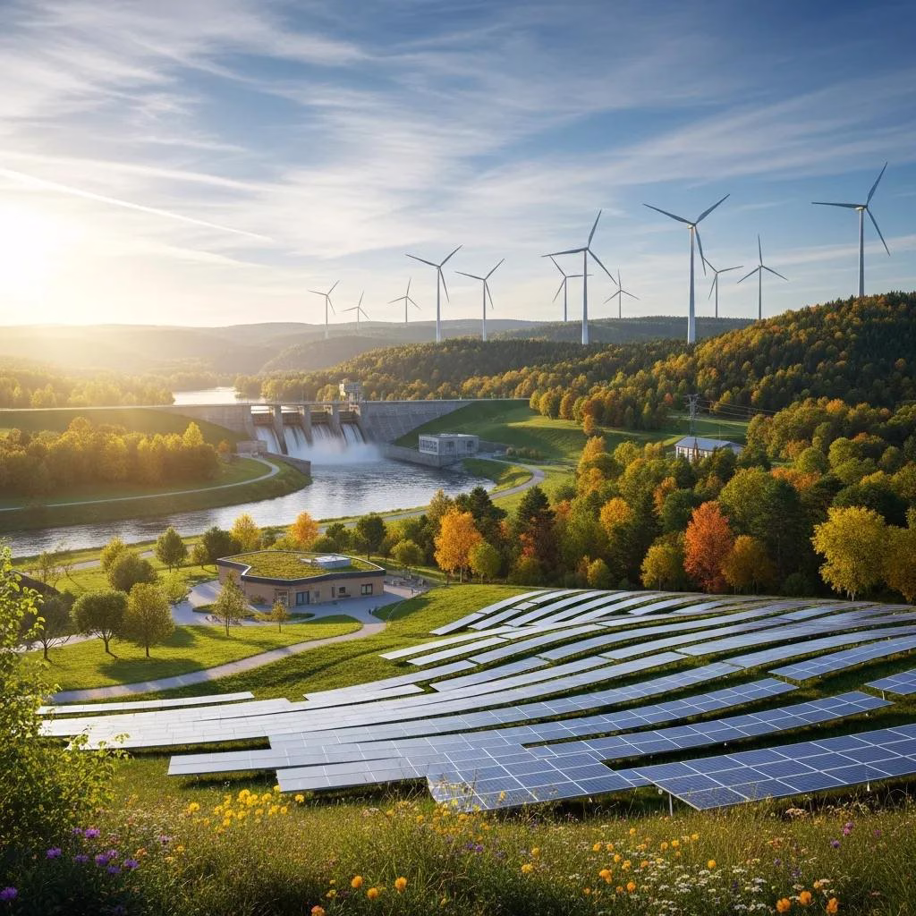 Showcase of solar panels, wind turbines, and hydropower facility in a natural landscape, representing renewable energy technologies