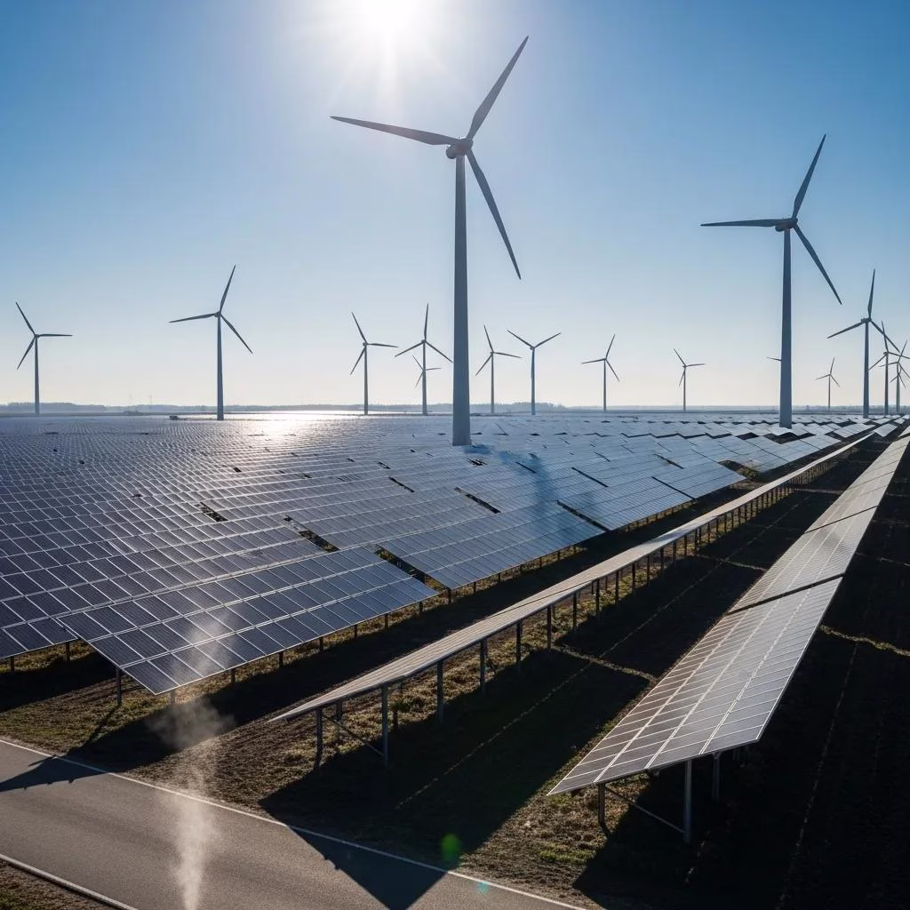 Solar farm with solar panels and wind turbines, illustrating the transition to renewable energy and sustainability