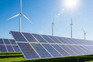 Solar panel field with wind turbines representing clean energy innovation