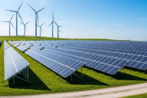 Solar panel installation with wind turbines in the background, representing renewable energy solutions