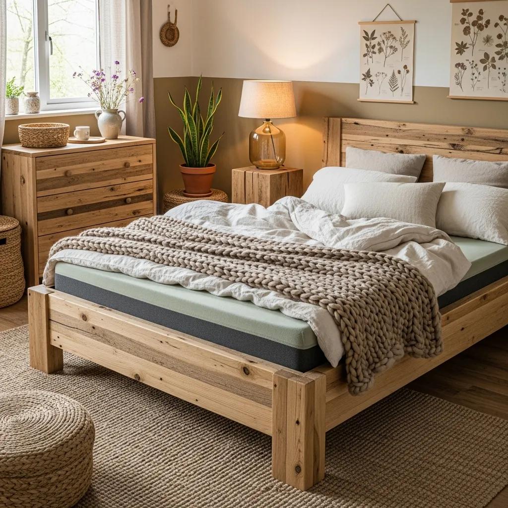 Stylish bedroom with sustainable furniture made from reclaimed wood and natural fibers supporting eco-friendly sleep