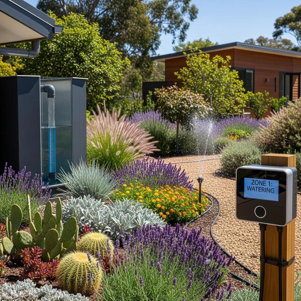Sustainable garden with drought-tolerant plants and rainwater harvesting system